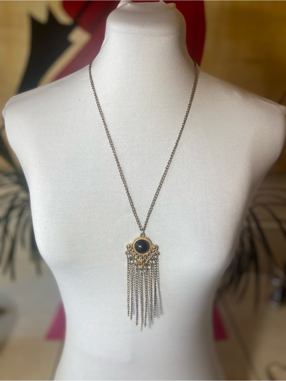 Gold-Tone Fringe Pendant Necklace with Black Stone
